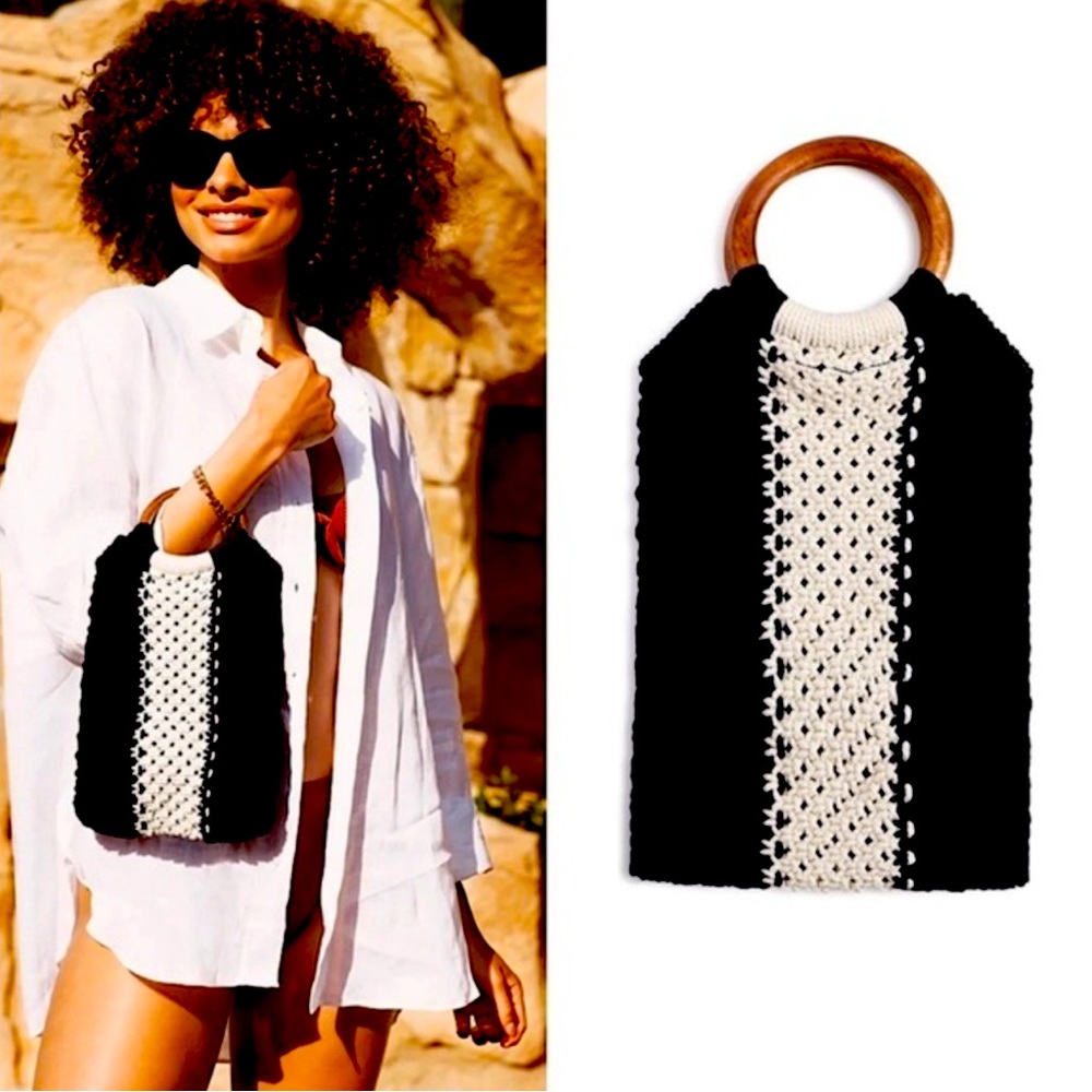 New Curateur Laude The Label GABBY Black and White Small Macrame Bag NWT